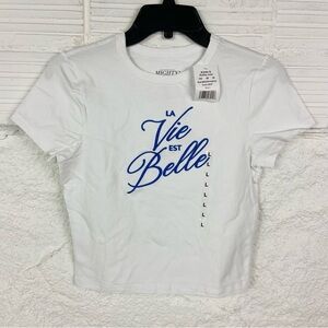 Mighty Fine White stretch cropped Tee with La Vie Bella est Blue Script SZ large